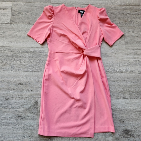 Dkny Coral Pink Dress Womens 10 Faux Wrap Side Knot V Neck Business Wedding Nwt - Picture 1 of 11